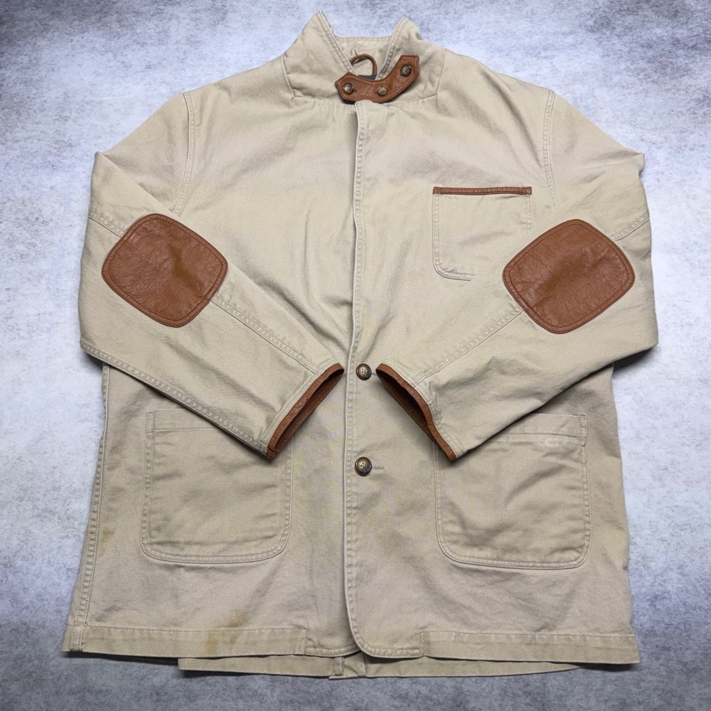 VTG Orvis Zambezi Twill Safari Field Jacket Mens 46L Tan Leather Elbow Patches